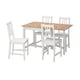 Option: A white IKEA PINNTORP dining set with a wooden top table and four matching chairs. The set has a simple and fresh design, ideal for small spaces.