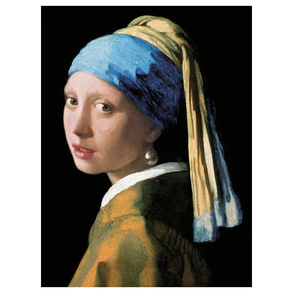 PJÄTTERYD canvas: girl with pearl earring - blue scarf, green dress, dark background