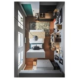 Modern minimalist bedroom: white PLATSA bed, gray bed frame, wooden shelves, hanging lights, patterned rug, large windows.