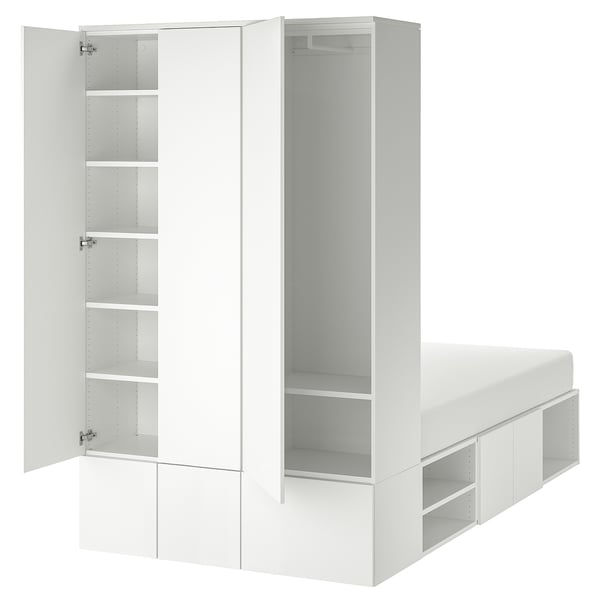A white PLATSA storage bed with open sections revealing inner shelves.