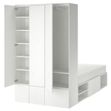 A white PLATSA storage bed with open sections revealing inner shelves.