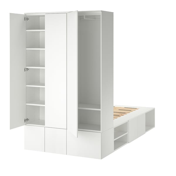 White PLATSA storage beds with open doors revealing shelves.