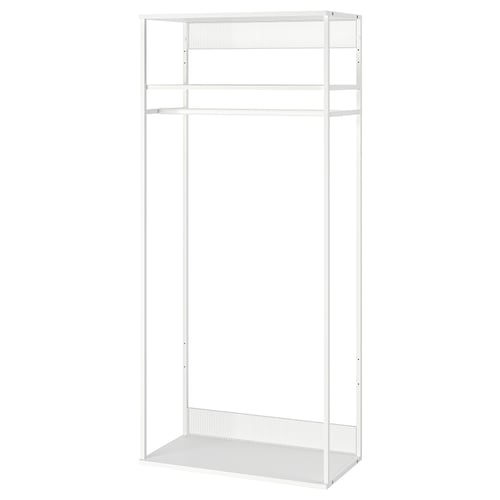 A white PLATSA wardrobe. It has a sleek, minimalist design with metal framing and a honeycomb panel. The wardrobe includes shelves and a hanging rod.