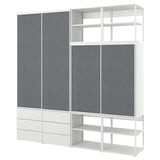 A white ikea PLATSA storage unit with blue sliding doors and open shelving for versatile organization.