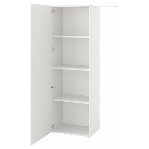 A white PLATSA wardrobe with three shelves. Its sleek, minimalist, and made from particleboard.