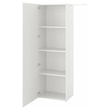 A white PLATSA wardrobe with three shelves. Its sleek, minimalist, and made from particleboard.