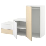 Modern white storage: tall cabinet & drawer unit with light wood. Minimalist, clean design. Perfect for any space.