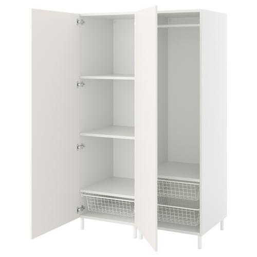 White PLATSA wardrobe with adjustable shelves and mesh drawers.
