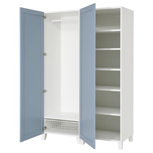 Blue & white PLATSA storage cabinet with doors & hanging rod.