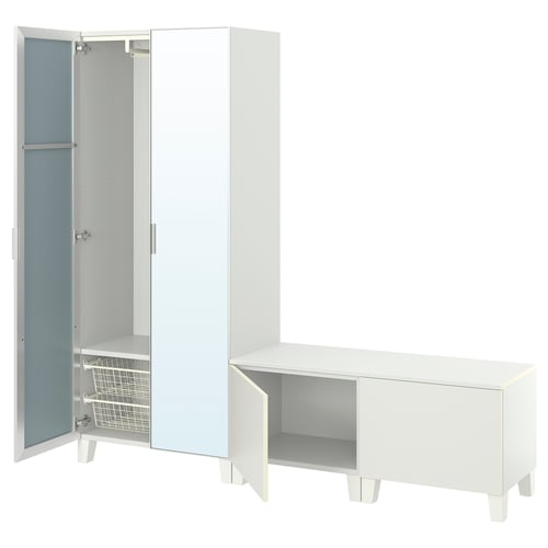White PLATSA storage: tall cabinet, low bench, modern design.