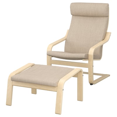 This image an ikea poang chair and ottoman in beige. The furniture has a light wooden frame and cushioned seats and back for comfort.