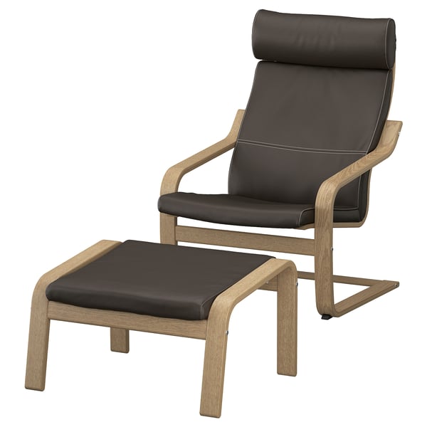 Black leather poang chair & ottoman. Light wood frame, curved lines, soft cushions.