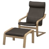 Black leather poang chair & ottoman. Light wood frame, curved lines, soft cushions.