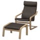 Black leather poang chair & ottoman. Light wood frame, curved lines, soft cushions.