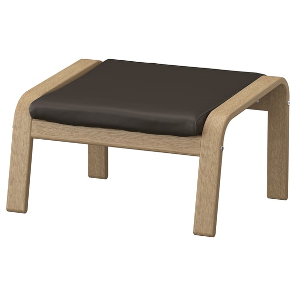 Black leather POÄNG footstool with light wood frame, curved design.