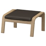 Black leather POÄNG footstool with light wood frame, curved design.