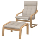 POÄNG armchair & footstool: light beige fabric, oak wood, curved, cushioned.