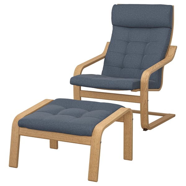 POÄNG armchair and footstool, bright blue, oak wood frame, plush seat, ergonomic, minimalist design.