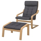 POÄNG chair, dark grey, oak wood, curved design, with matching footstool.