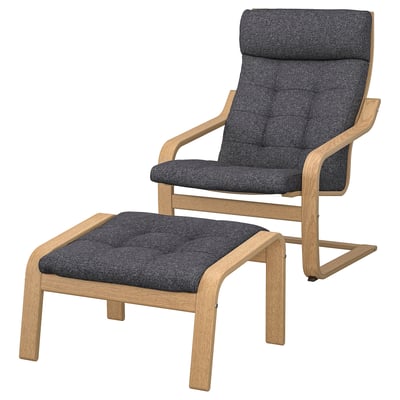POÄNG chair, dark grey, oak wood, curved design, with matching footstool.