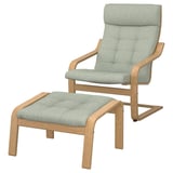 A light green POÄNG recliner and footstool set with wooden frame and cushions.