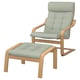 A light green POÄNG recliner and footstool set with wooden frame and cushions.