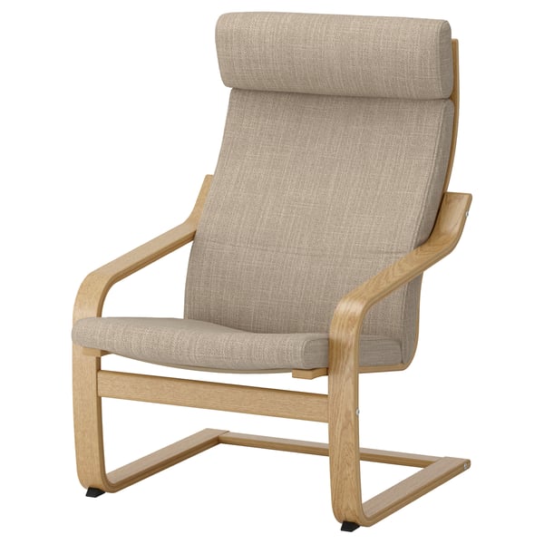 Light brown, curved back chair with armrests, made from oak and cloth, upholstered seat.