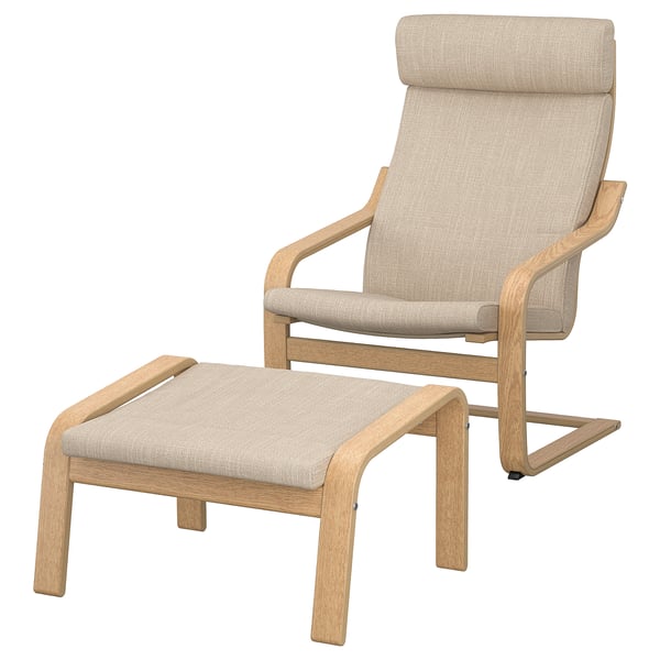 Poang armchair and footstool in light brown, featuring wooden frame, cushioned seat, and backrest for comfort.