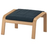 POÄNG footstool: light wood frame, blue seat, curved design, comfortable cushion.