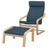 Blue fabric, light oak wood recliner chair with matching footstool.
