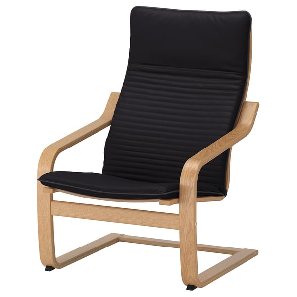 POÄNG armchair, black cushion, wood frame, curved design, comfortable high back.