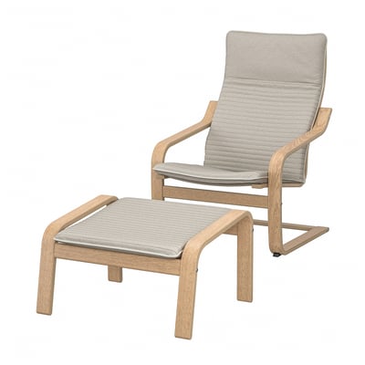 POÄNG chair and footstool, light oak and grey, modern and comfortable, with cushions.