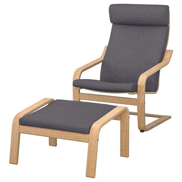 Dark grey cushioned oak POÄNG armchair and footstool.