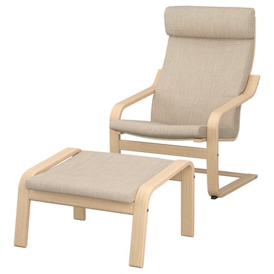 POÄNG armchair and footstool, light oak, textured beige fabric, curved design, supportive and comfortable.