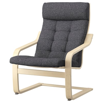 POÄNG armchair, light wood frame, dark grey fabric, curved back and seat.