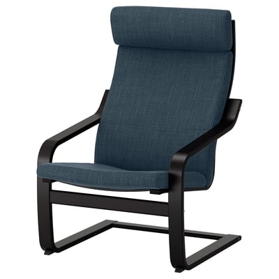 POÄNG armchair: blue fabric, black frame, curved design.