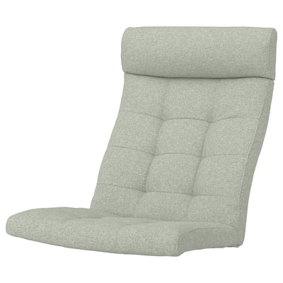 Light green padded chair, POÄNG, with rolled back, tufted design, soft fabric.