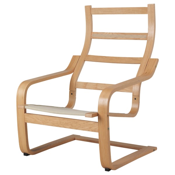Light wood POÄNG chair with curved back, slats, and armrests.