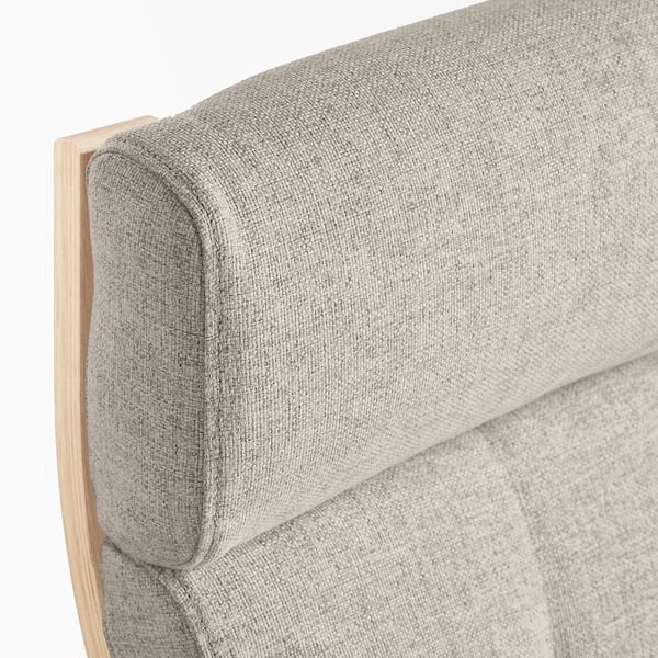 It shows a high-quality, upholstered headrest of the POÄNG armchair, featuring a textured fabric in neutral tones.