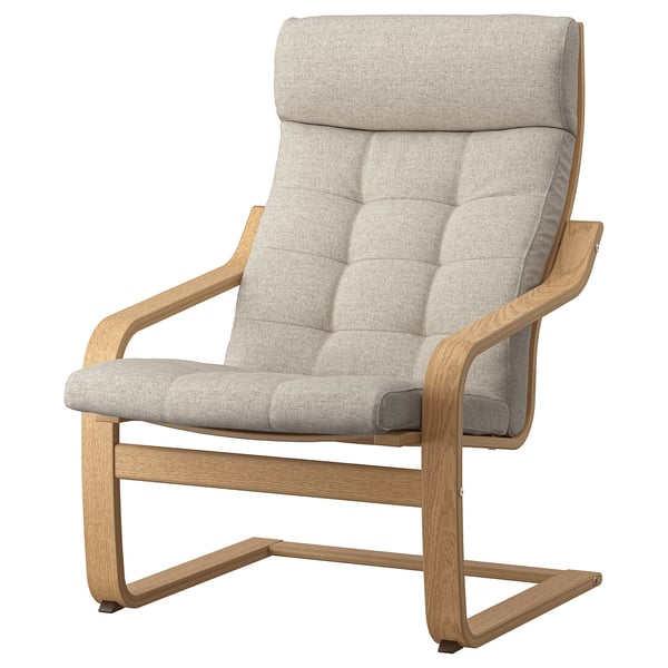 Light grey POÄNG armchair with oak frame, soft cushions, high back support.