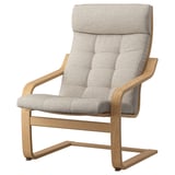 Light grey POÄNG armchair with oak frame, soft cushions, high back support.