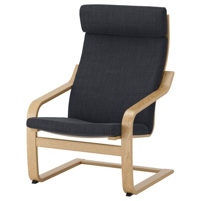Ikea POÄNG armchair in dark grey fabric, light oak wood frame, high back, comfortable, modern design.