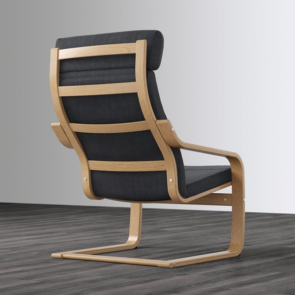 Black fabric high-back armchair with wooden frame, providing neck support. Ideal for comfort and relaxation.