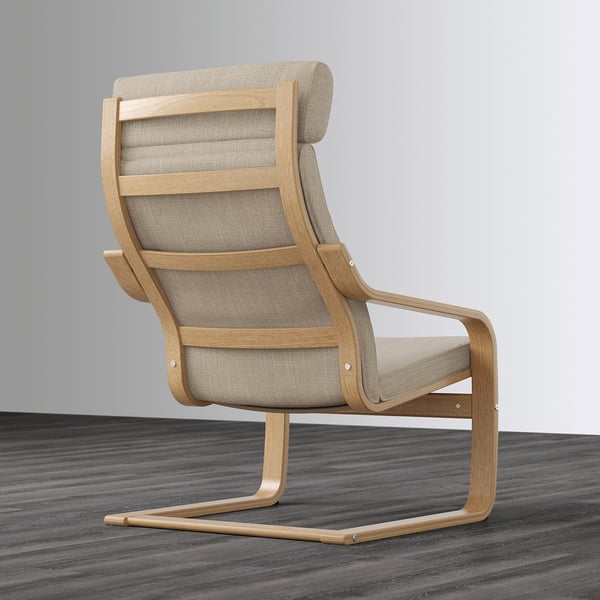 Tan fabric high-back armchair with curved armrests, part of POÄNG collection.