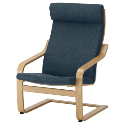Blue fabric recliner in oak frame, high back, armrests, modern design.