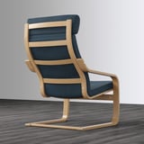 Modern, reclined chair with natural wooden frame and dark cushions. Designed for comfort with supportive high back and resilient oak construction.