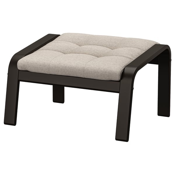 POÄNG footstool: gray cushion, black wood frame, padded, square shape.