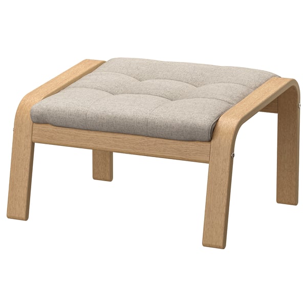 A poang footrest in light grey fabric with a wooden frame. It a square cushioned seat supported by four angled wooden legs.