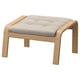 A poang footrest in light grey fabric with a wooden frame. It a square cushioned seat supported by four angled wooden legs.