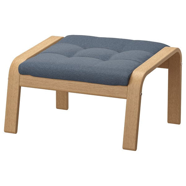 Ikea POÄNG footstool, light oak, blue cushion, rectangular, padded.
